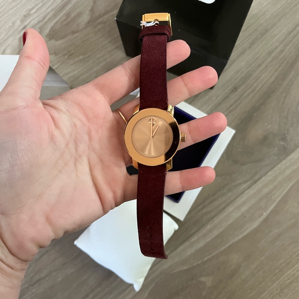 Rose Gold Movado Watch: Bold Iconic Suede Strap Watch, 36mm In Burgundy - Picture 7 of 8